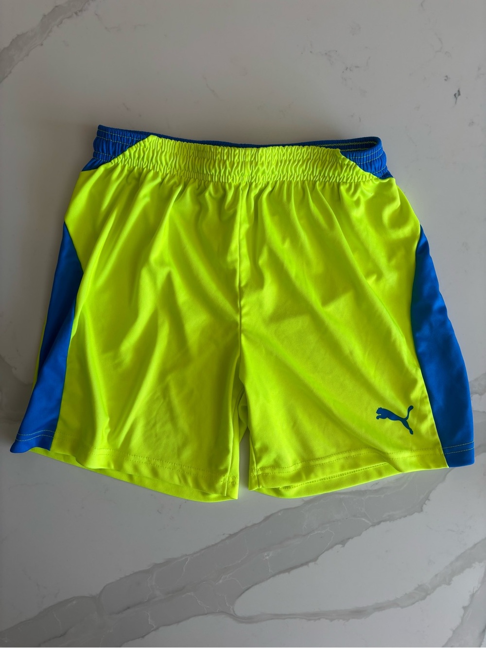 Puma Boys Athletic Shorts Neon Yellow Blue Logo Basketball Football Casualwear